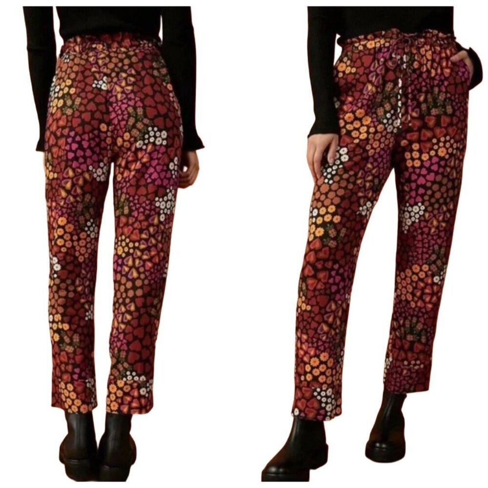 Anthropologie Farm Rio Elodie Multicolor Floral & Hearts Drawstring Pants, Med.